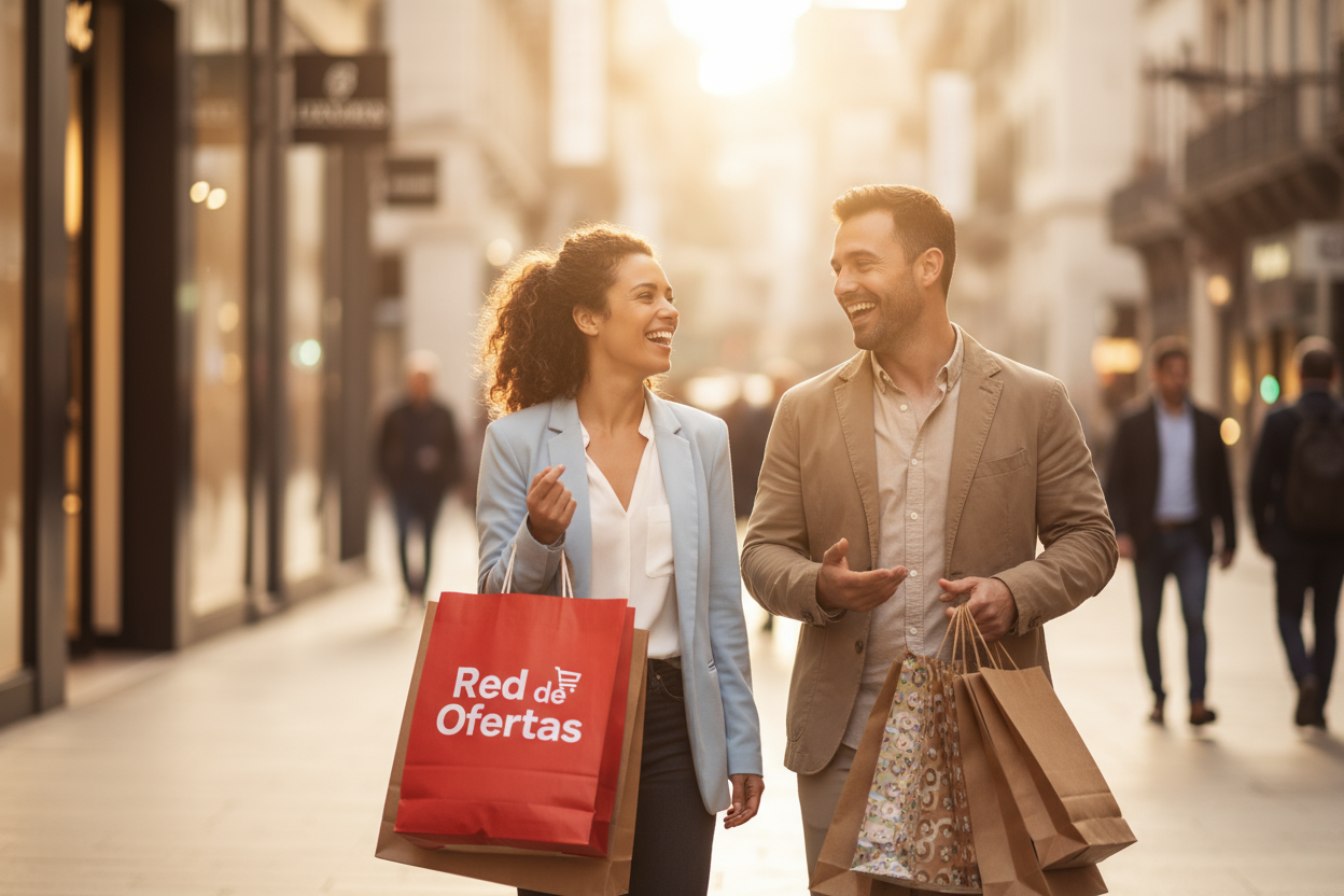 genera una imagen donde 2 personas estan felices por haber comprado, que sea una imagen donde refleje seguridad en la compra, impulso a realizarlo, que en una de las bolsas de compras diga la marca Red de ofertas
